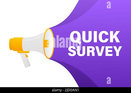 Quick survey megaphone banner in 3D style on white background. Vector illustration. Stock Vector