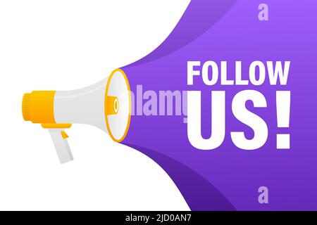 Follow us megaphone banner in 3D style on white background. Vector illustration. Stock Vector