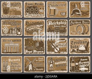 Germany landmarks and travel sightseeing grunge signs, German culture vector retro posters. Germany tourism attractions Berlin museum, Oktoberfest traditional beer festival and curry wurst sausages Stock Vector