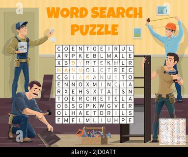 Builder tools, word search puzzle quiz game worksheet vector grid. Word ...