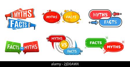 Myths vs facts icons, truth or false, true and fiction vector chat bubbles. Myths VS facts popup banners for reality and fake badges with arrows and megaphones, truth or false check signs Stock Vector