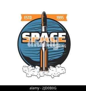 Space exploring icon, rocket spaceflight and galaxy spaceship launch, vector emblem. Spacecraft shuttle or orbital station start up to galaxy mission or exploration of planets Mars or Moon Stock Vector