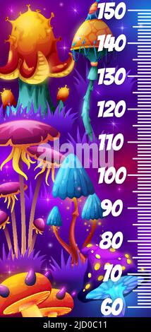 Magic mushrooms in fairy forest kids height chart. Vector growth measure meter with cartoon glowing toadstools. Measurement scale for children with fantasy fairytale world or alien funny fungi plants Stock Vector