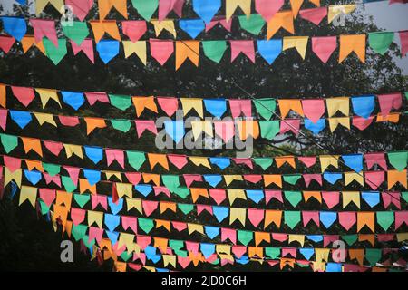 salvador, bahia, brazil - june 16, 2022: Decorative banners seen in the ornamentation for the festivities of Sao Joao in Pelourinho, Historic Center o Stock Photo