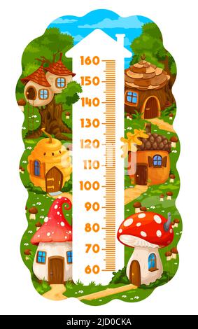 Kids height chart ruler with fairytale cartoon houses. Vector growth meter with nest on tree, wooden cottage, beehive, acorn, amanita or fly agaric mushrooms. Wall sticker for child height measurement Stock Vector