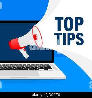 Red megaphone with top tops concept on blue background. Vector illustration on white background. Stock Vector