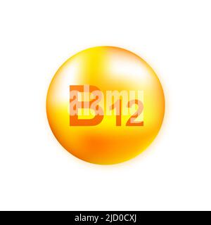 Vitamin B12 with realistic drop on gray background. Particles of vitamins in the middle. Vector illustration. Stock Vector