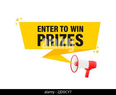 Enter to win prizes megaphone yellow banner in 3D style on white background. Vector illustration. Stock Vector