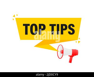 Top tips megaphone yellow banner in 3D style on white background. Vector illustration. Stock Vector