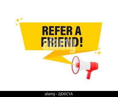 Refer a friend megaphone yellow banner in 3D style on white background. Vector illustration. Stock Vector