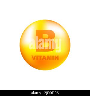 Vitamin B with realistic drop on gray background. Particles of vitamins in the middle. Vector illustration. Stock Vector