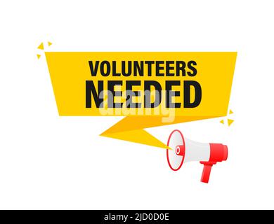 Volunteers needed megaphone yellow banner in 3D style on white background. Vector illustration. Stock Vector