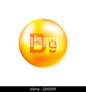 Vitamin B9 with realistic drop on gray background. Particles of vitamins in the middle. Vector illustration. Stock Vector