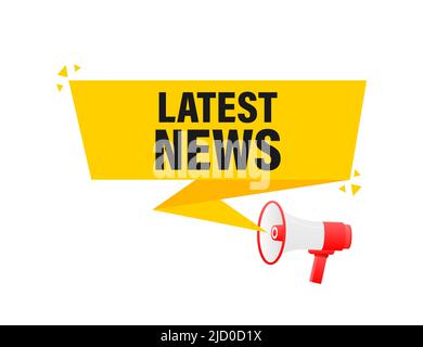 Latest news megaphone yellow banner in 3D style on white background. Vector illustration. Stock Vector