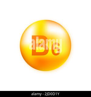 Vitamin B6 with realistic drop on gray background. Particles of vitamins in the middle. Vector illustration. Stock Vector