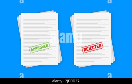 Vector rubber stamps approved and rejected. Document with red and green stamps. Stock Vector