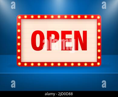 Retro cartoon red open concept on dark backdrop. Vector sign. Abstract icon. Business concept. Banner promotion. Stock Vector