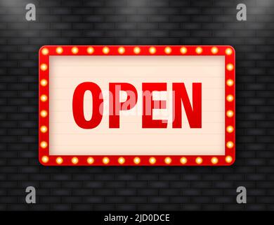 Retro cartoon red open concept on dark backdrop. Vector sign. Abstract icon. Business concept. Banner promotion. Stock Vector
