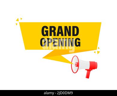 Grand opening megaphone yellow banner in 3D style on white background. Vector illustration. Stock Vector