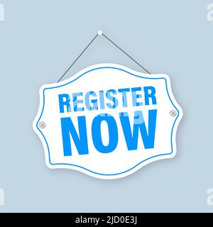 Blue register now label in modern style on white background. Banner promotion. Click button. Sticker design. Stock Vector