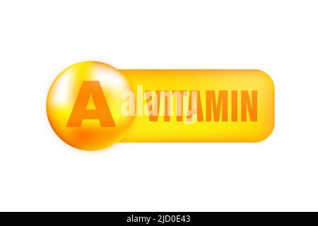 Vitamin A with realistic drop on gray background. Particles of vitamins in the middle. Vector illustration. Stock Vector