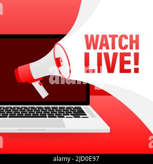 Megaphone with watch live. Laptop with megaphone isolated on red background. Stock Vector