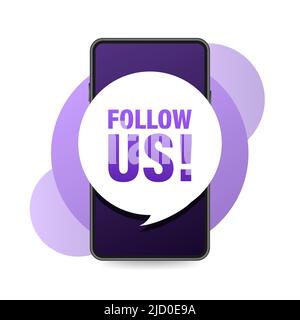 Follow us smartphone banner in 3D style on white background. Vector illustration. Stock Vector