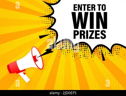 Enter to win prizes megaphone yellow banner in 3D style. Vector illustration. Stock Vector