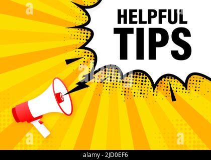 Top tips megaphone yellow banner in 3D style. Vector illustration. Stock Vector