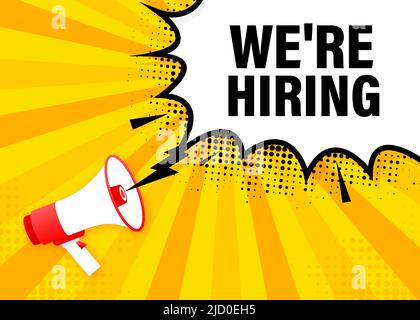We are hiring megaphone yellow banner in flat style. Vector illustration. Stock Vector