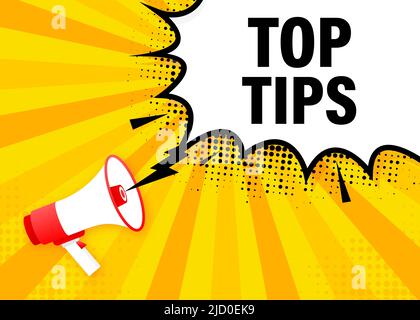 Top tips megaphone yellow banner in flat style. Vector illustration. Stock Vector