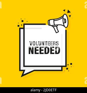 Megaphone with volunteers needed poster in flat style. Vector illustration. Stock Vector