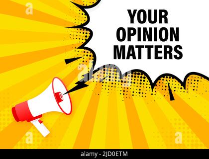 Yellow megaphone with Your opinion matters concept. Vector illustration on white background. Stock Vector
