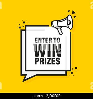 Enter to win prizes megaphone yellow banner in 3D style. Vector illustration. Stock Vector