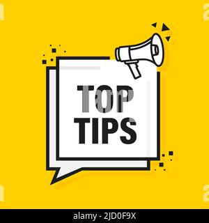 Top tips megaphone yellow banner in flat style. Vector illustration. Stock Vector
