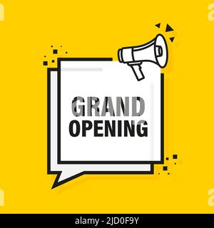 Grand opening yellow banner in flat style. Vector illustration. Stock Vector