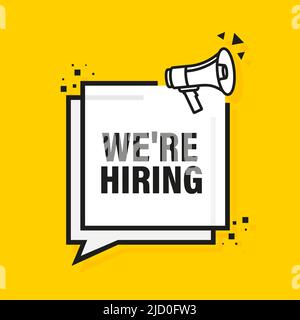 We are hiring megaphone yellow banner in flat style. Vector illustration. Stock Vector