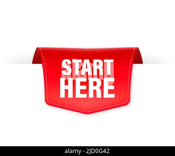Start here red ribbon in flat style on white background. Vector illustration. Stock Vector