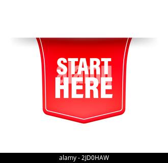 Start here red ribbon in flat style on white background. Vector illustration. Stock Vector