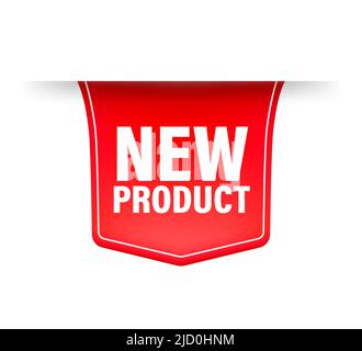 New product. Realistic badge in red color. Product advertising. Web design. Vector illustration. Stock Vector