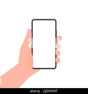 Hand holds phone with blue screen. Phone on white background. Vector illustration. Stock Vector