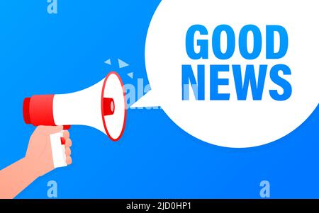 Good News megaphone blue banner in 3D style. Loudspeacker. Vector illustration. Stock Vector