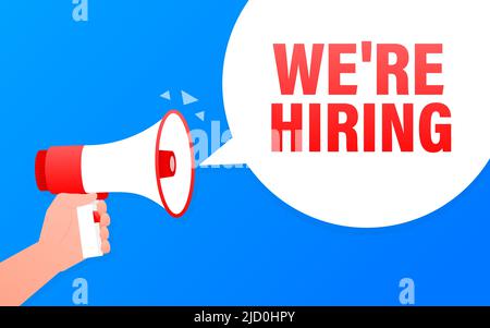 We are hiring megaphone blue banner in flat style. Vector illustration. Stock Vector
