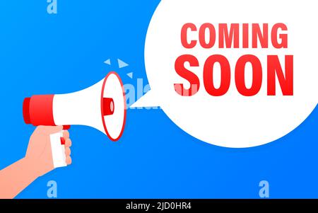 Coming soon megaphone blue banner in 3D style. Vector illustration. Stock Vector