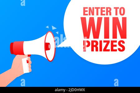 Enter to win prizes megaphone blue banner in 3D style. Vector illustration. Stock Vector