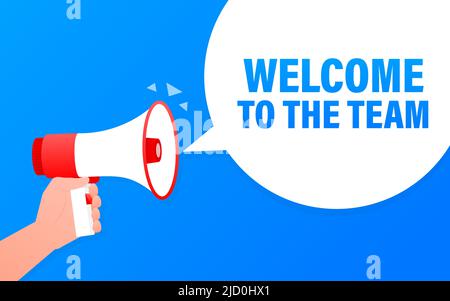 Welcome to the team megaphone blue banner in 3D style. Vector illustration. Stock Vector