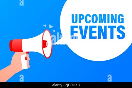 Megaphone with upcoming events poster in flat style. Vector illustration. Stock Vector