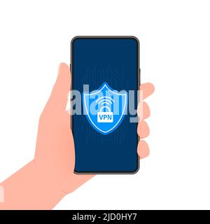 VPN flat blue secure label on smartphone screen. Vector illustration. Stock Vector