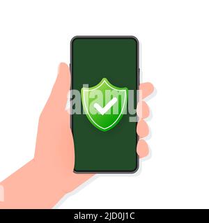 Hand holds phone with secure sign on screen on green background. Vector illustration. Stock Vector