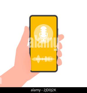 Hand holds phone with record podcast on screen on yellow background. Vector illustration. Stock Vector